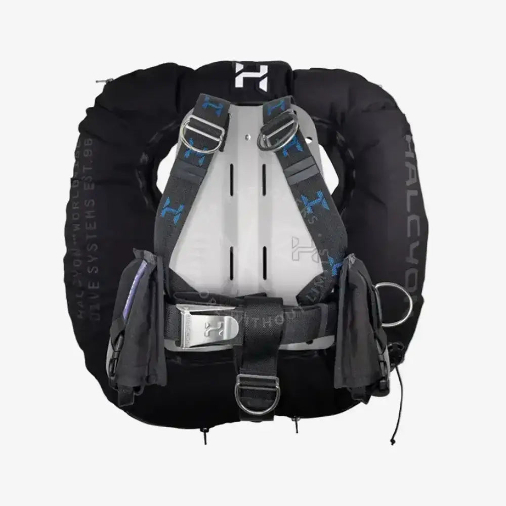 Black and gray halcyon legend mk2 deluxe double cylinder buoyancy compensator with blue logo accents front view
