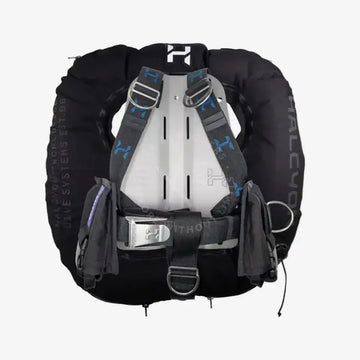 Black and gray halcyon legend mk2 deluxe double cylinder buoyancy compensator with blue logo accents front view