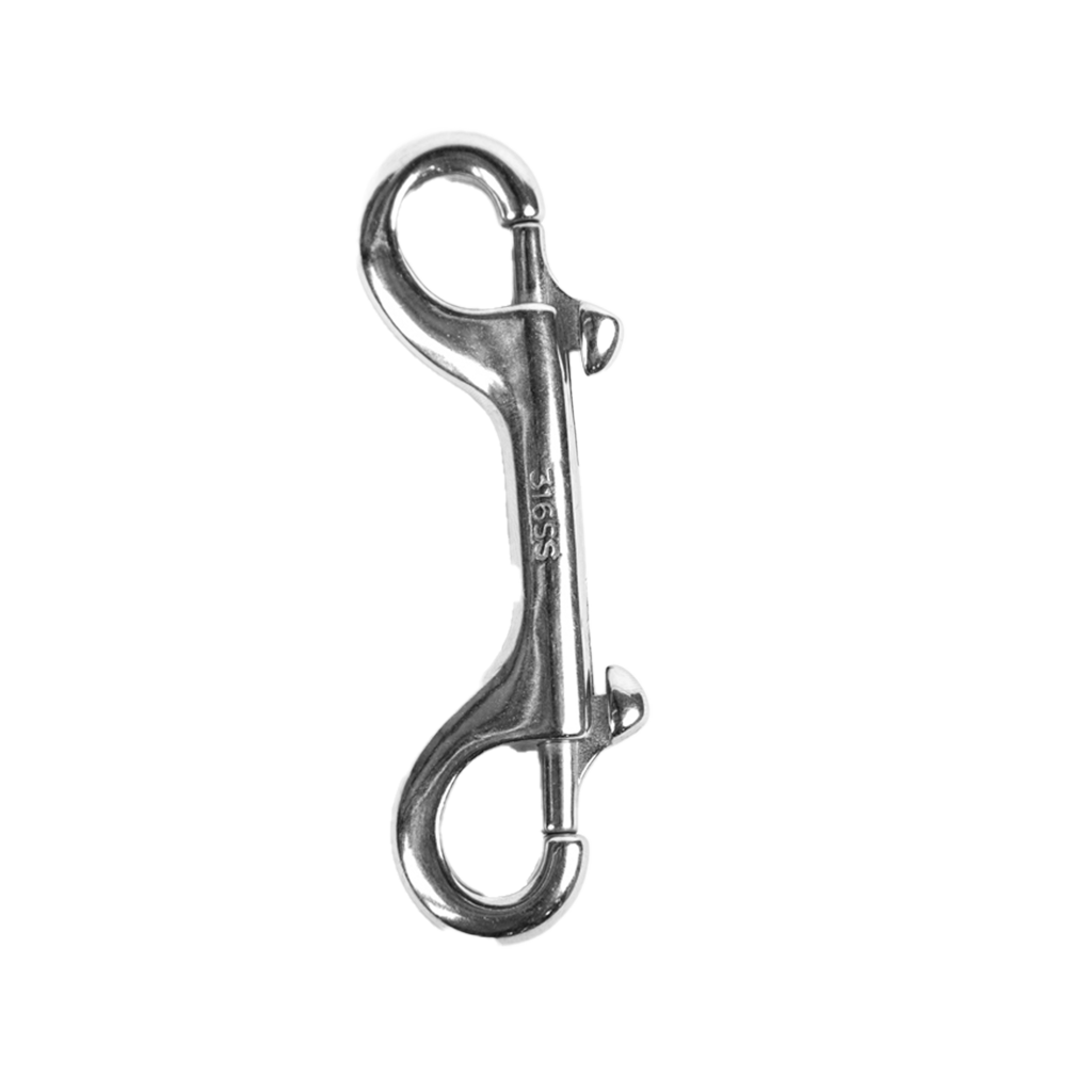 A double ender clip made of silver stainless steel with a stamped '316SS' marking.
