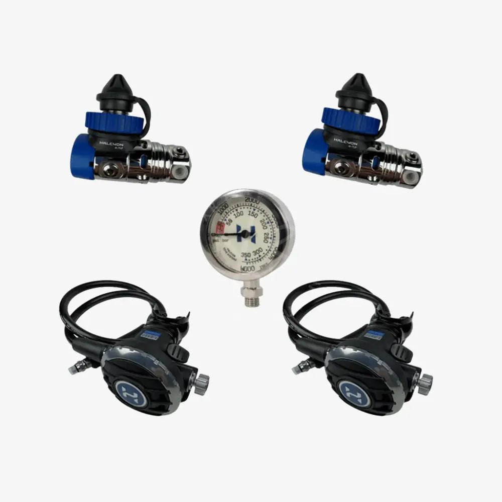 Halcyon doubles regulator package with black and silver halevon dive regulators featuring blue accents