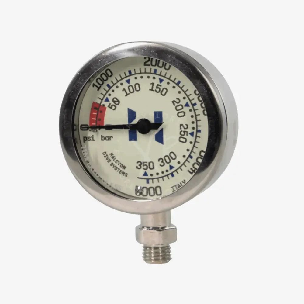 Halcyon doubles regulator package stainless steel pressure gauge with white dial blue markings and red warning zone