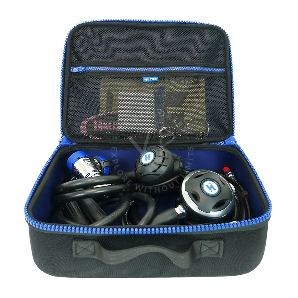 Halcyon doubles regulator package with black and blue dive gear case holding two black and silver regulators