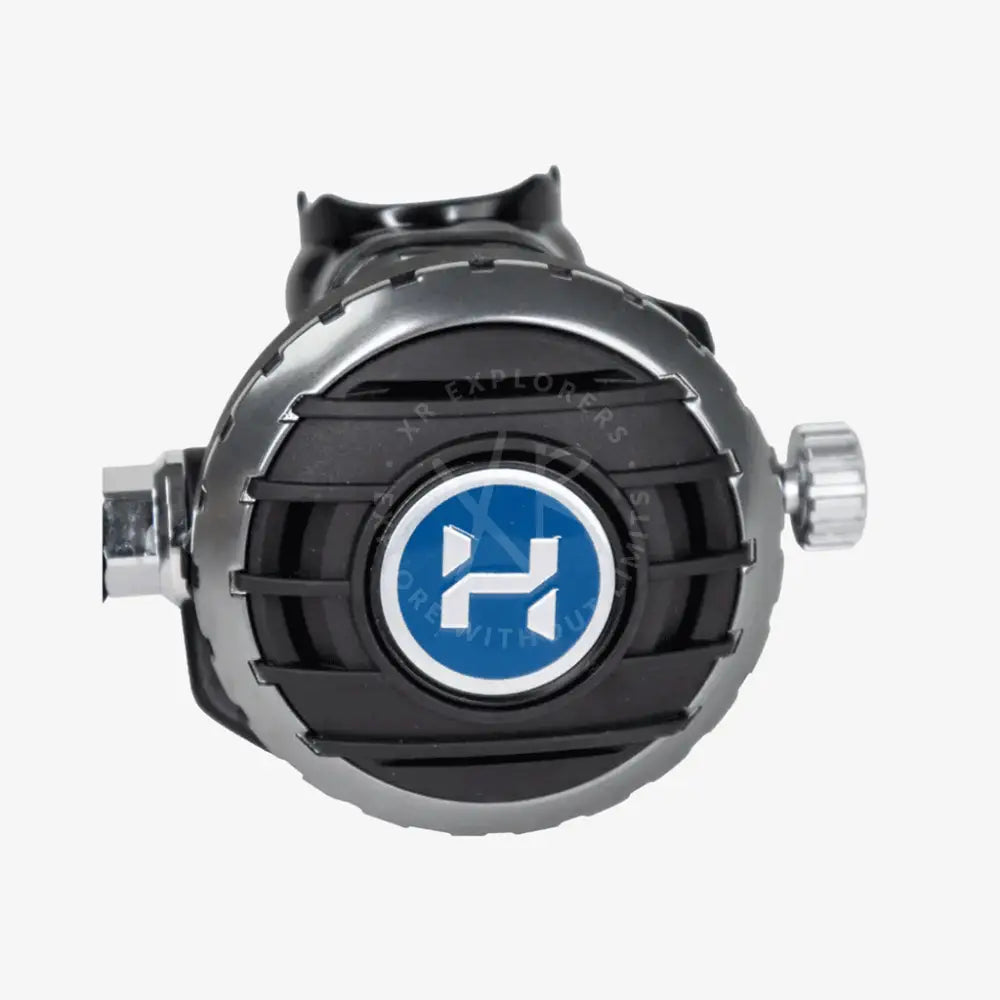 Black and silver halcyon doubles dive regulator with blue halo logo featuring white h for scuba diving use
