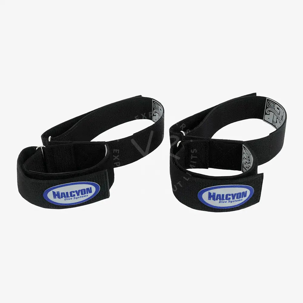 Black halcyon dive systems ankle straps with blue and white branding for dry suit inflation kit 6cf cylinder system