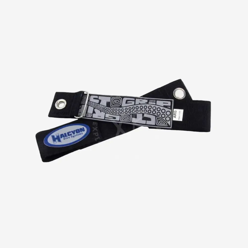 Black straps with visible branding on a white background