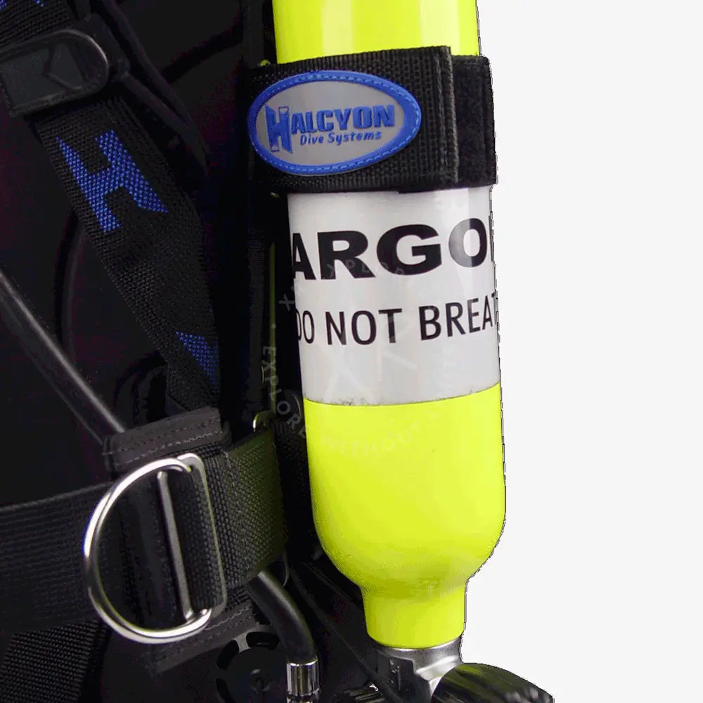 Bright yellow halcyon dry suit inflation kit scuba tank with black strap and argon do not breath label visible