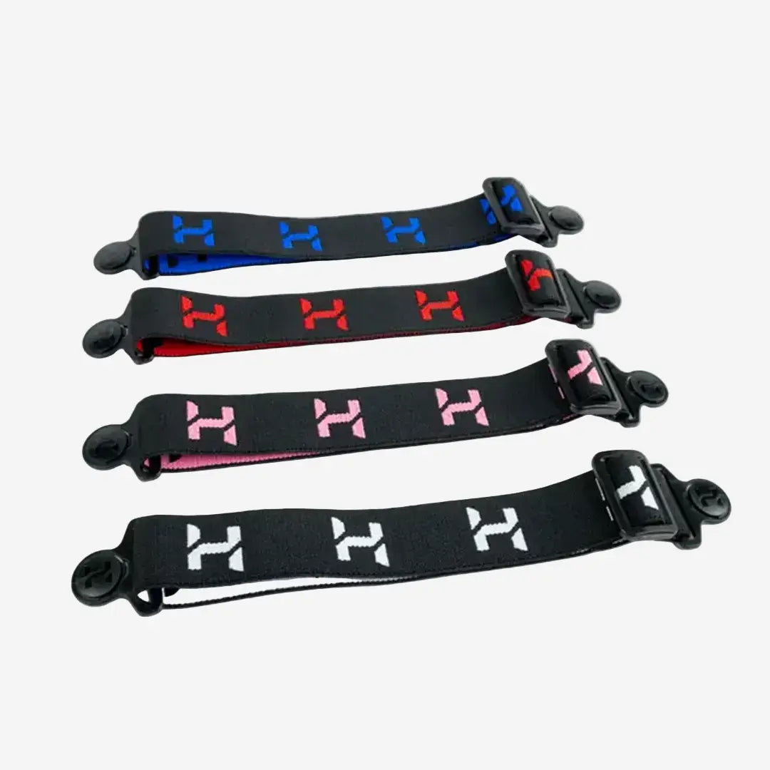 Four black straps with different colored logos on a white background
