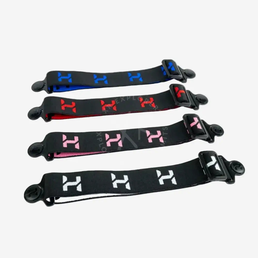 Four black straps with different colored logos on a white background