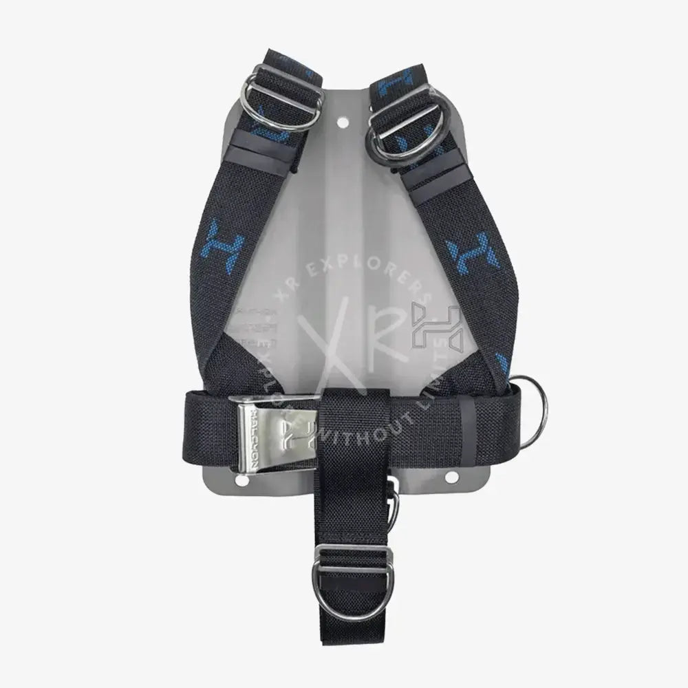 Black and gray safety harness with blue logo on a white background