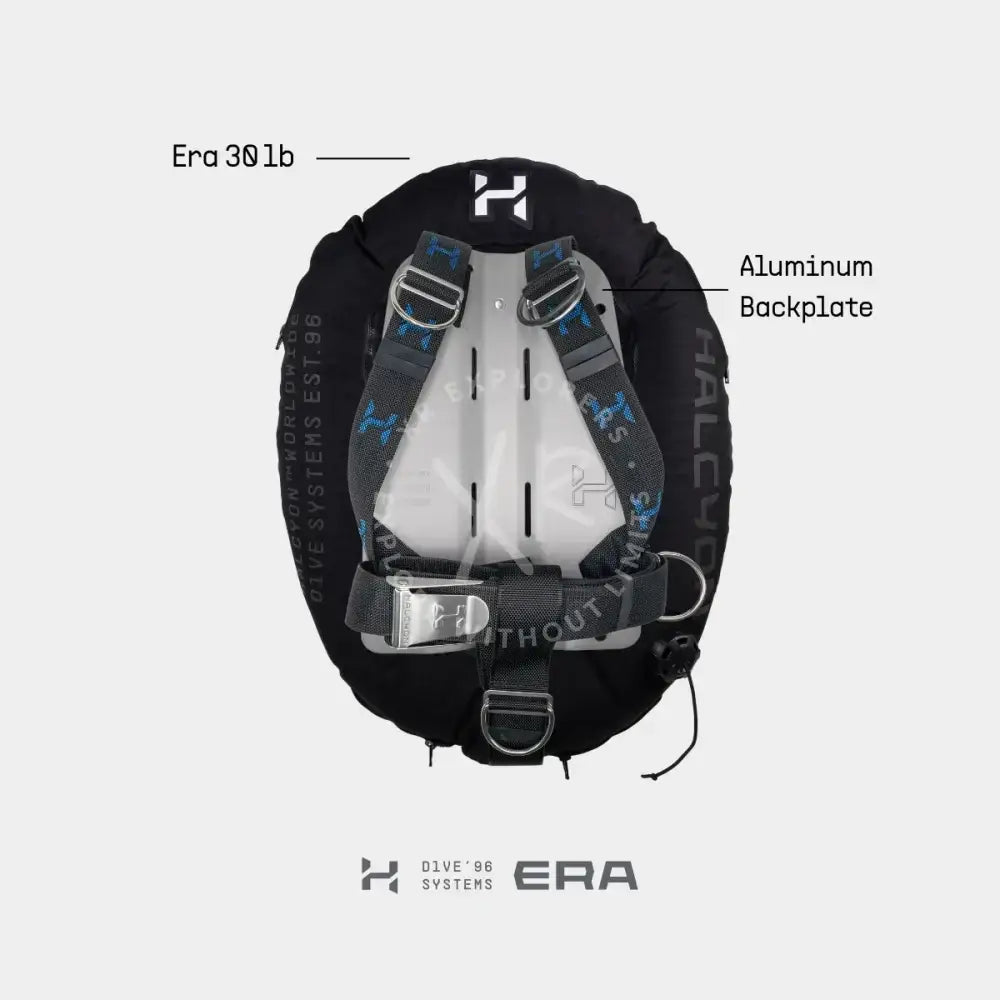 Black and silver halcyon era deluxe 30lb dive buoyancy compensator with aluminum backplate and branded cinch harness