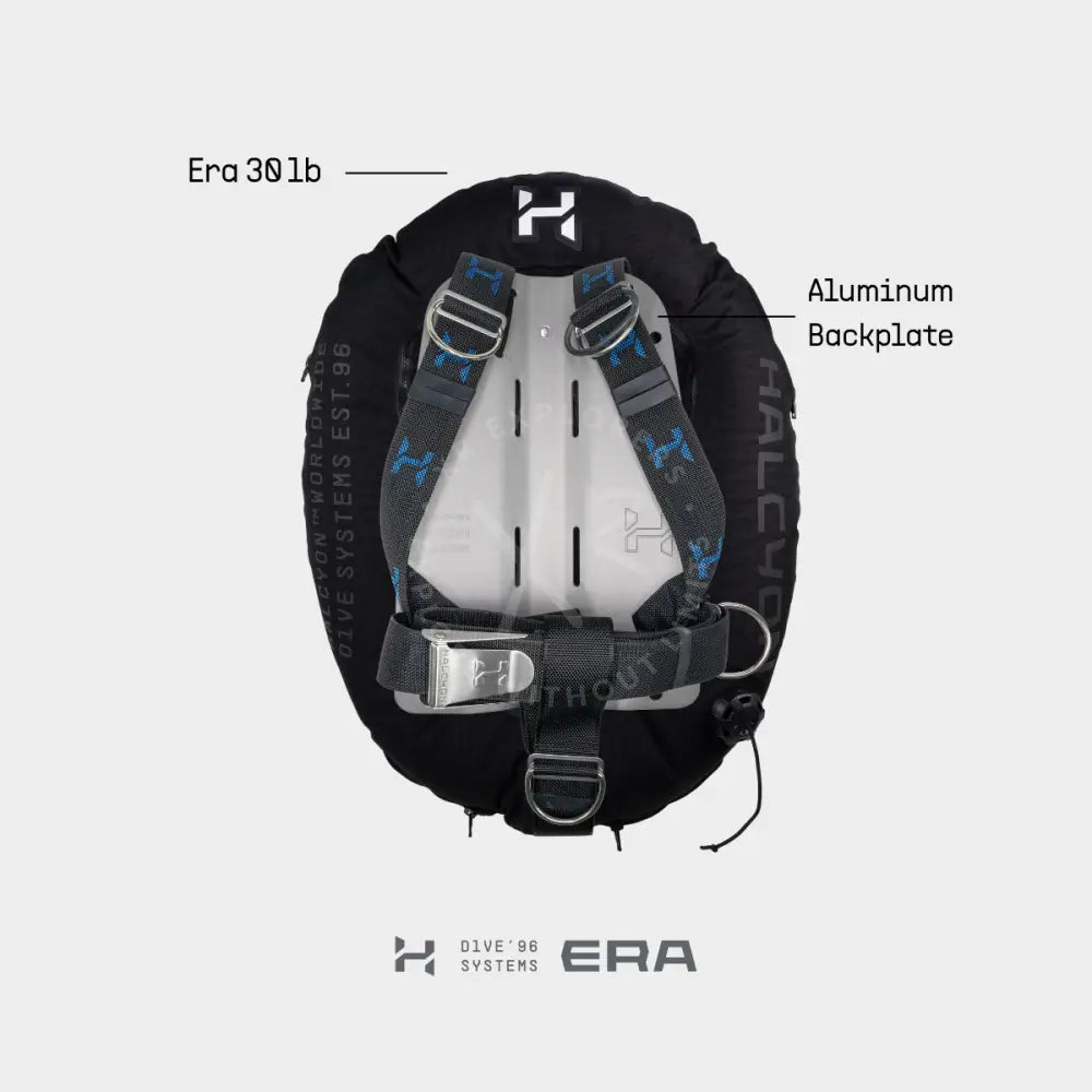 Black and silver halcyon era deluxe 30lb dive buoyancy compensator with aluminum backplate and branded cinch harness