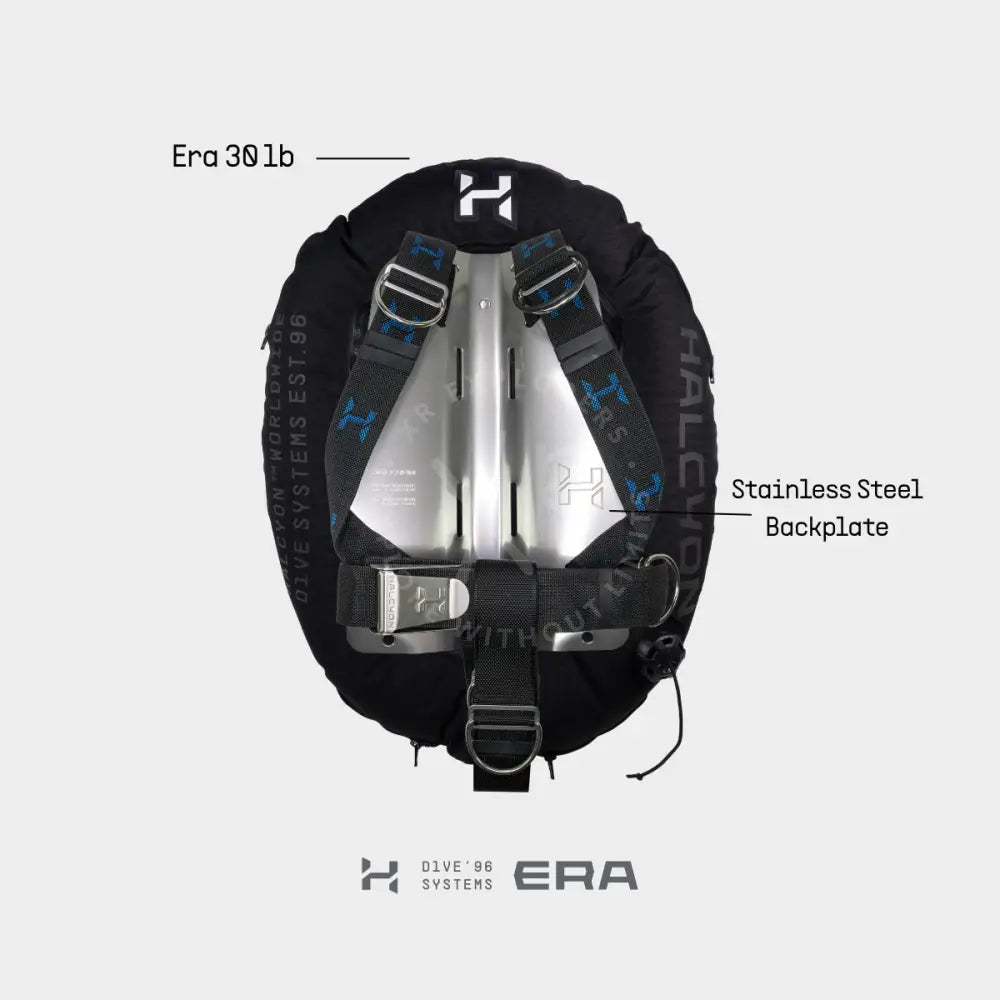Black padded dive buoyancy compensator with stainless steel backplate and blue straps by Halcyon era deluxe bc system