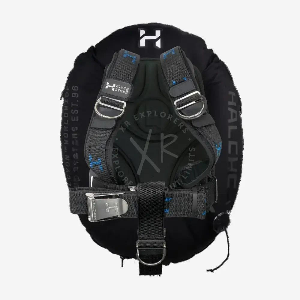 Halcyon era deluxe single cylinder bc system with black buoyancy compensator blue logo accents and silver metal buckles