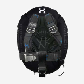 Halcyon era deluxe single cylinder bc system with black buoyancy compensator blue logo accents and silver metal buckles