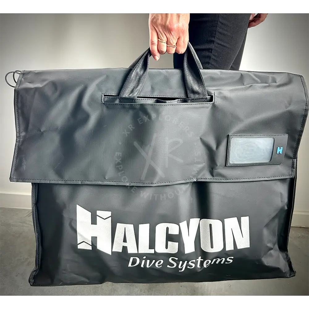 Black halcyon era deluxe single cylinder bc system gear bag with white logo and reinforced handles for dive gear storage