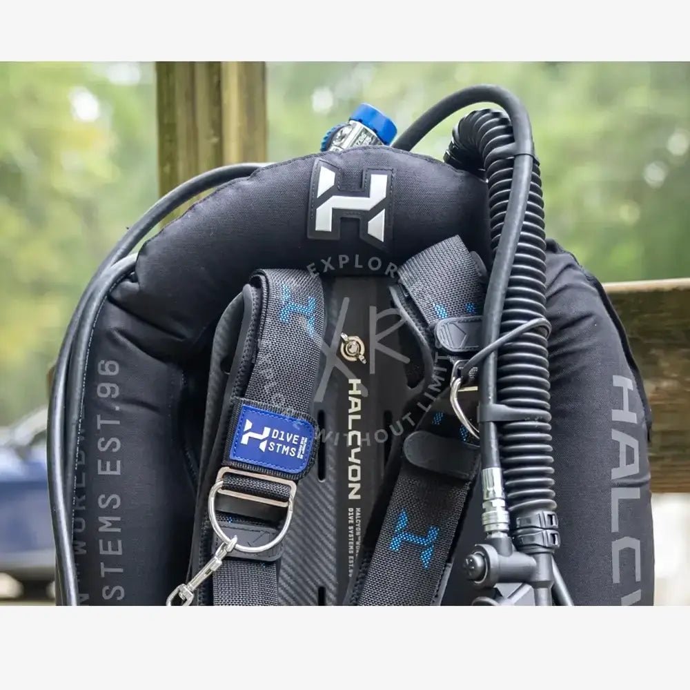 Black halcyon era pro single cylinder carbon fiber bc system with blue and silver branding details front view