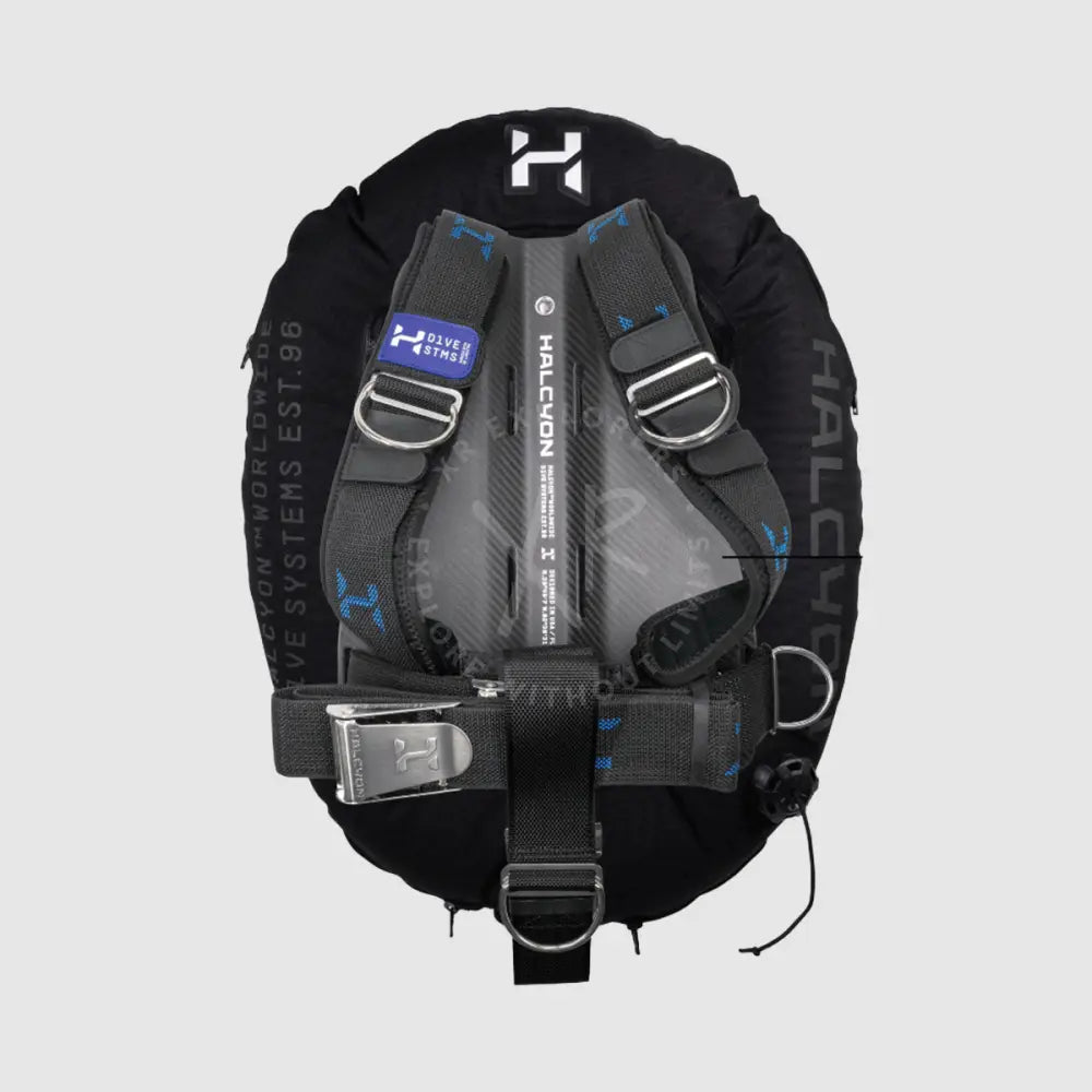Halcyon era pro single cylinder bc system with black halcyon i dive buoyancy compensator gray carbon fiber accents and blue branding details