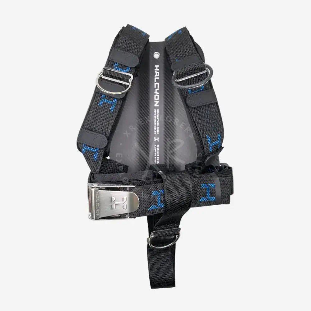 Black harness with blue accents and visible branding on a white background