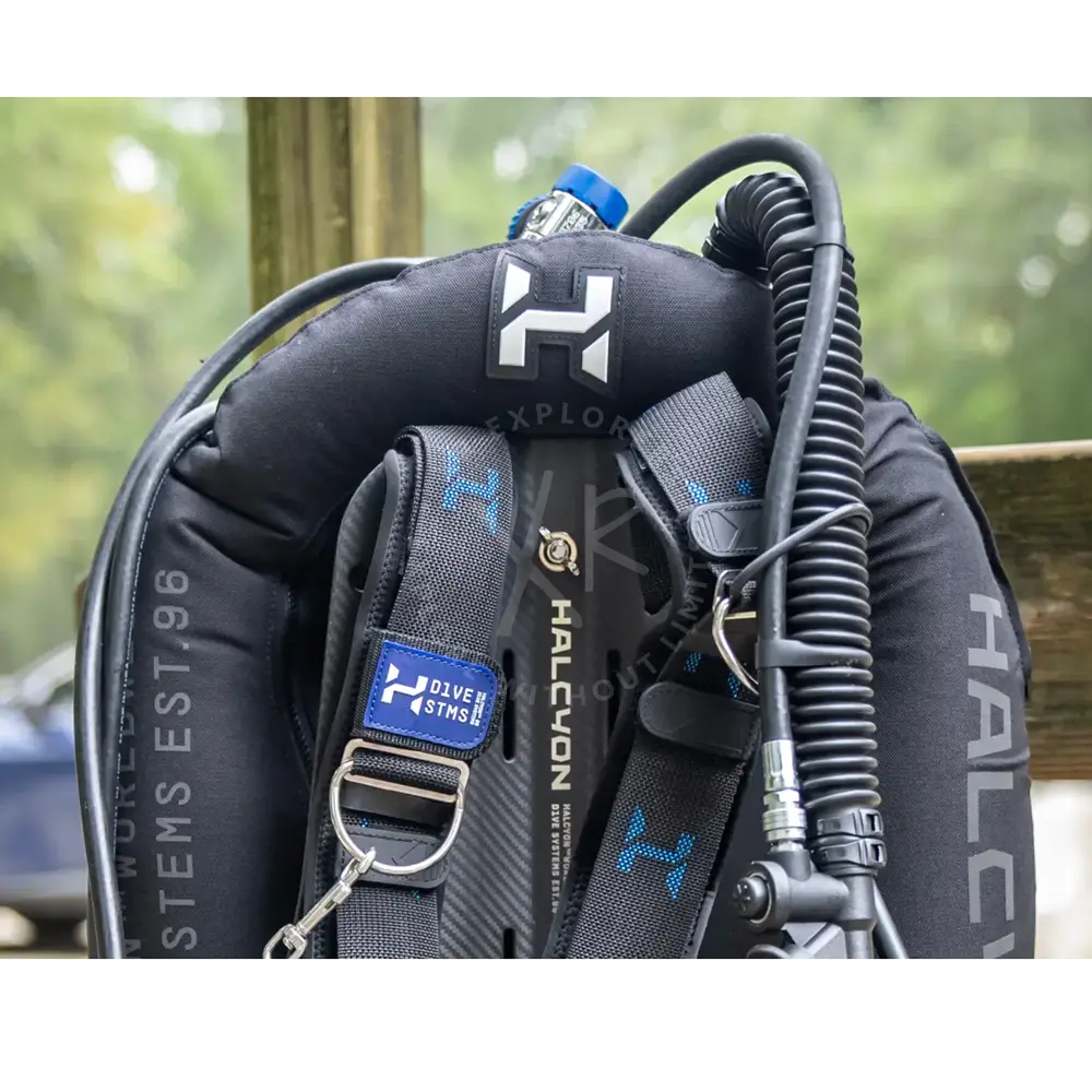 Black halcyon era pro single cylinder carbon fiber bc system with blue and silver branding details front view