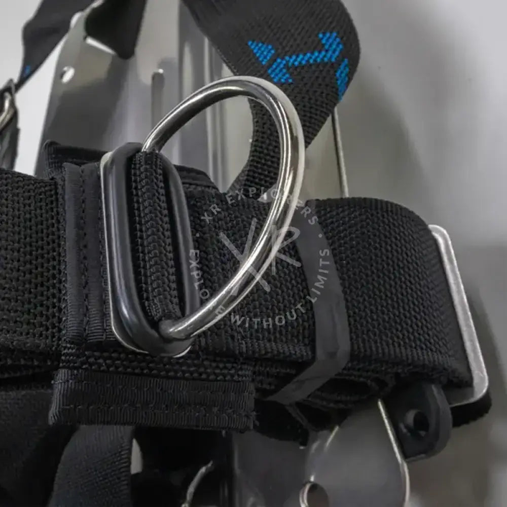 Black webbing strap with silver aluminum d-ring and blue halcyon logo for aluminum backplate standard small or long