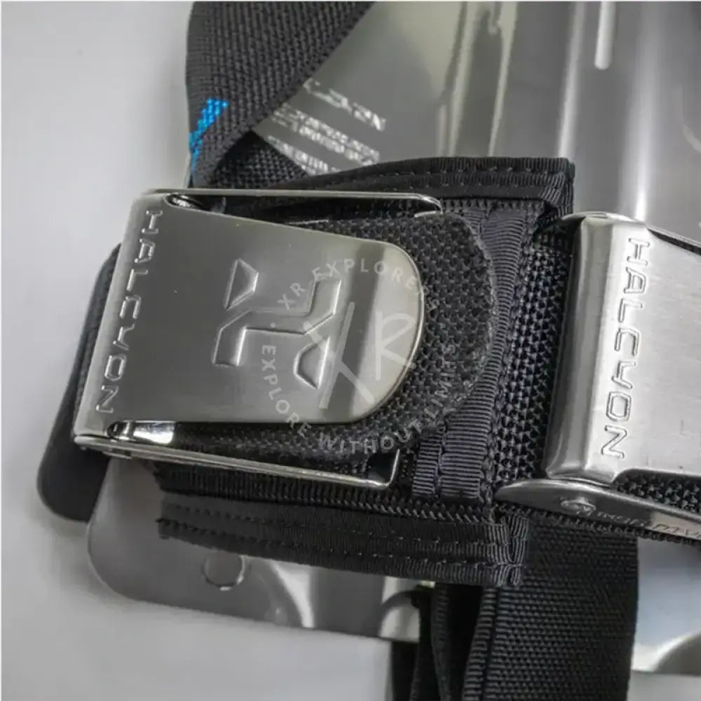 Black halcyon brand belt with silver-toned embossed logo metal buckle for halcyon aluminum backplate standard small or long