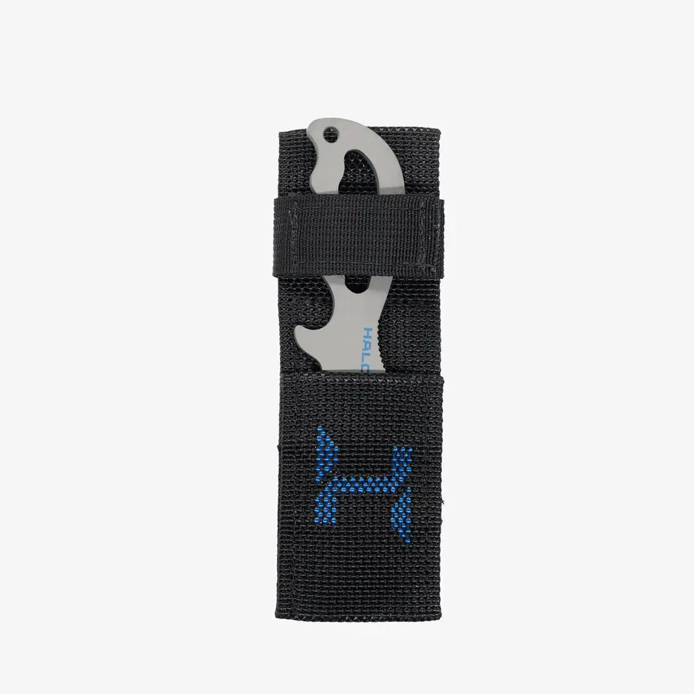 Gray metal halcyon explorer multi-tool with titanium blade and blue logo in black woven harness sheath