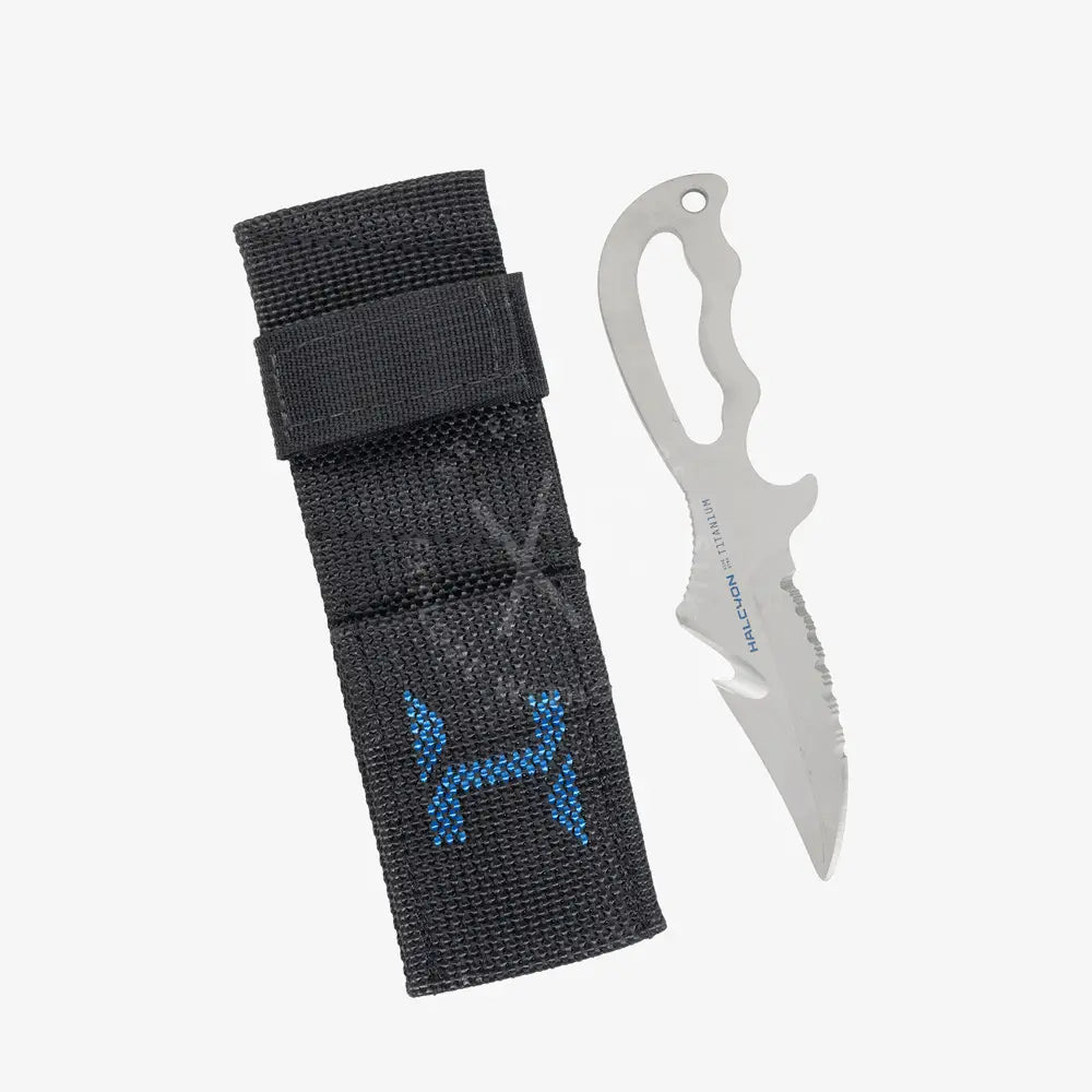 Halcyon explorer knife with titanium blade and textured silver grip displayed beside black harness sheath with blue logo