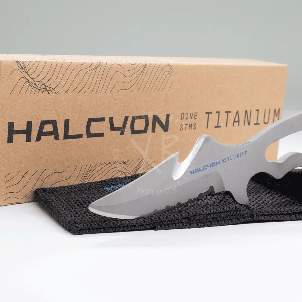 Halcyon explorer knife with silver titanium serrated blade and ergonomic handle for diving use