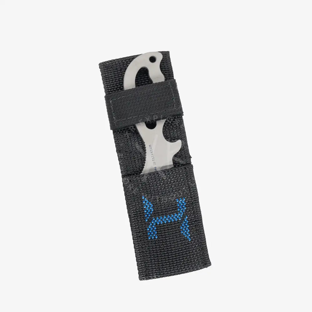 Halcyon explorer knife with titanium blade and sleek silver multi-tool in black woven sheath with blue logo