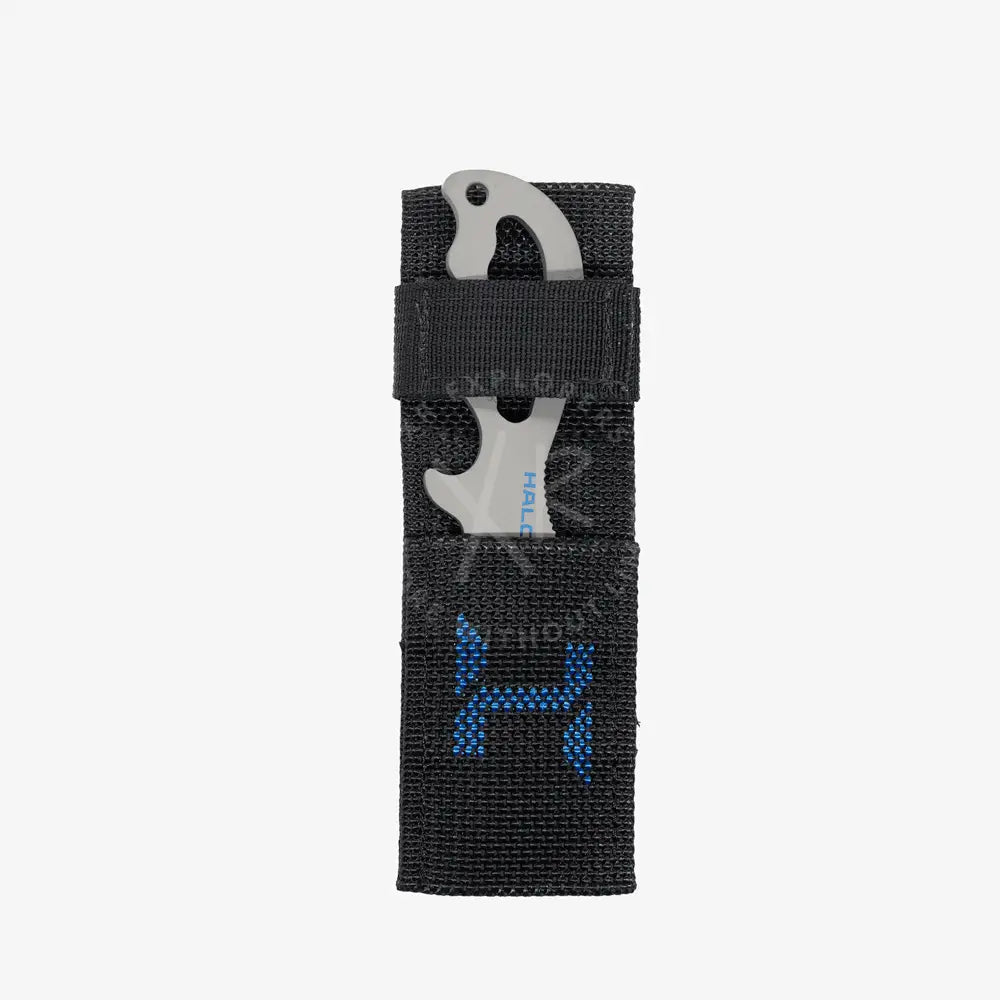 Gray metal halcyon explorer multi-tool with titanium blade and blue logo in black woven harness sheath