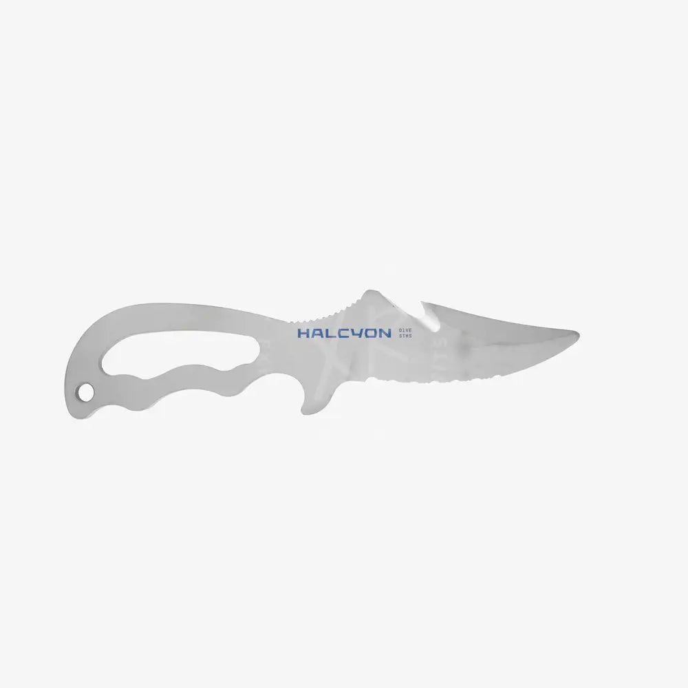 Silver halcyon explorer knife with sleek ergonomic handle and serrated titanium blade in harness sheath