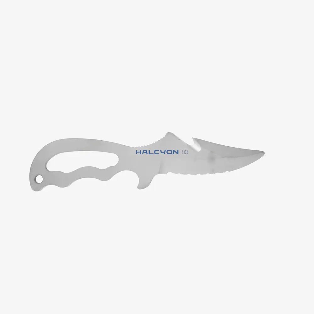 Silver halcyon explorer knife with sleek ergonomic handle and serrated titanium blade in harness sheath