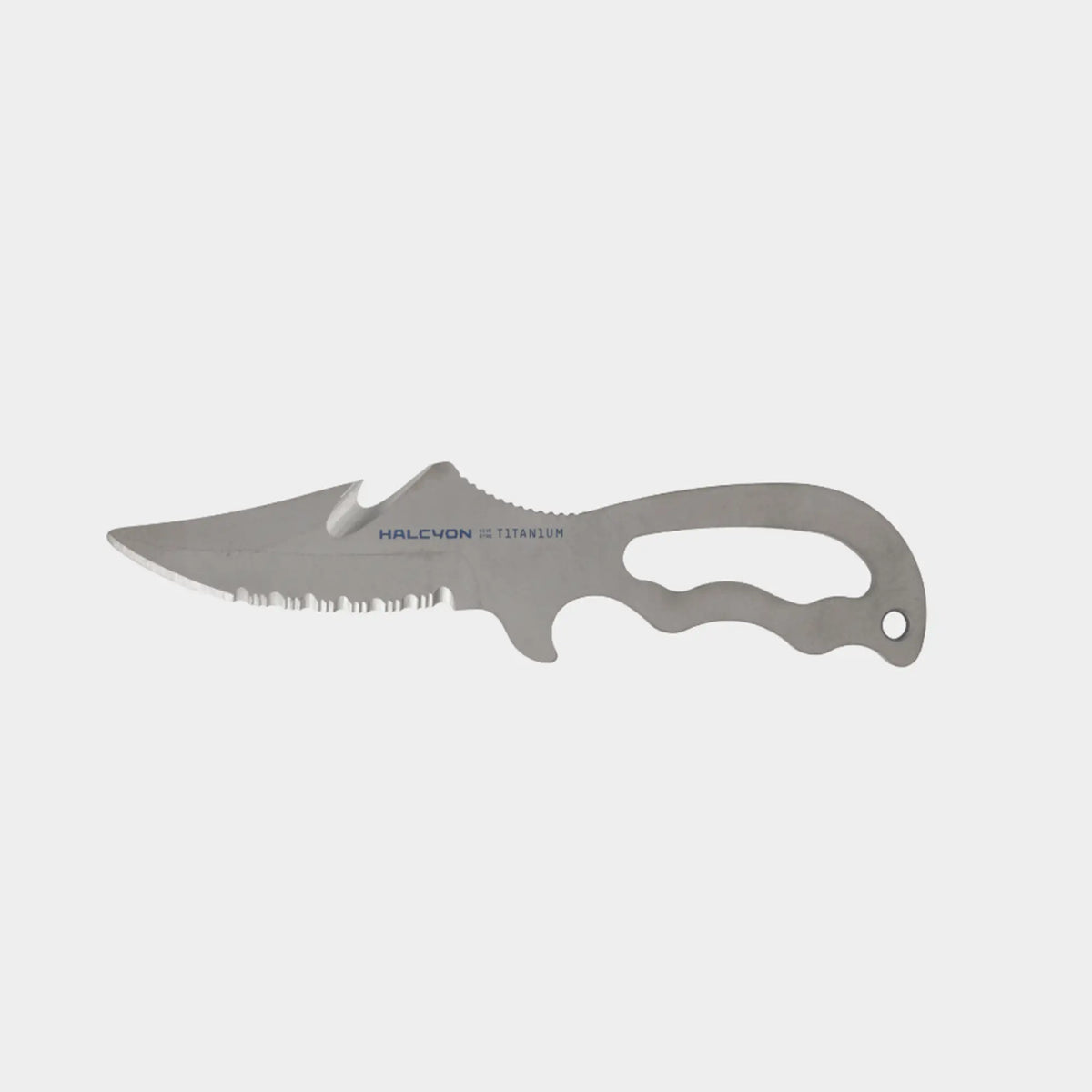 Halcyon explorer knife with silver titanium serrated blade and ergonomic handle for outdoor use