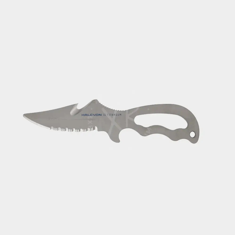 Halcyon explorer knife with silver titanium serrated blade and ergonomic handle for outdoor use