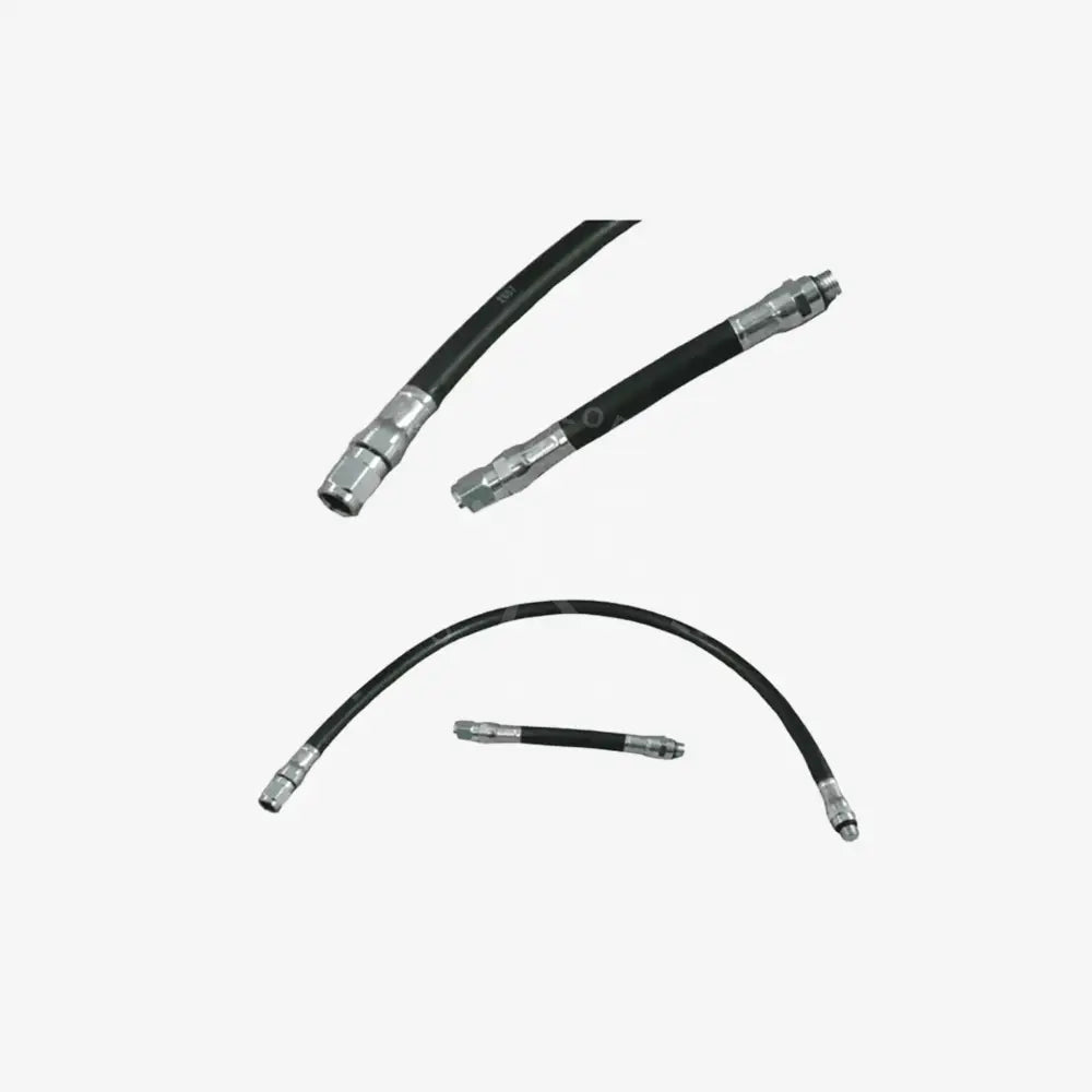 Three black hydraulic hoses with metal connectors on a white background