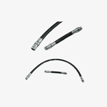 Three black hydraulic hoses with metal connectors on a white background