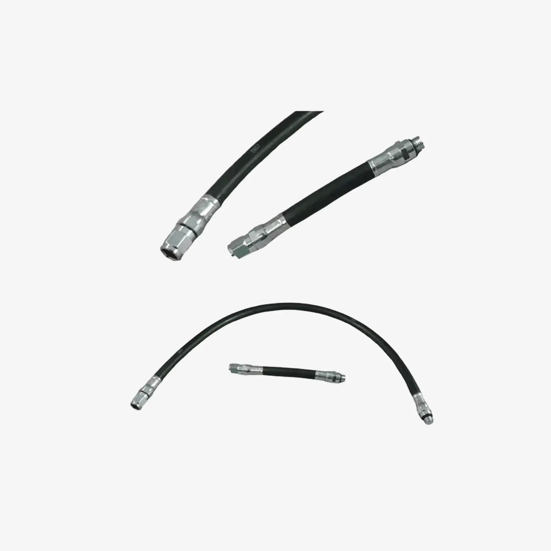 Three black hydraulic hoses with metal connectors on a white background