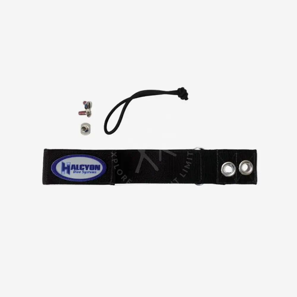 Black strap with grommets and a visible brand logo on a white background