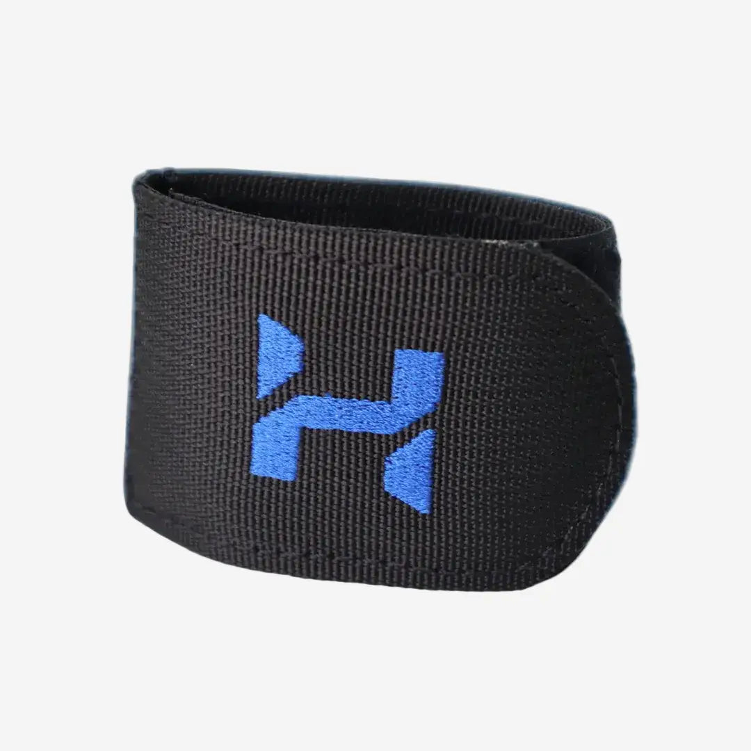 Black wristband with a blue logo on a white background