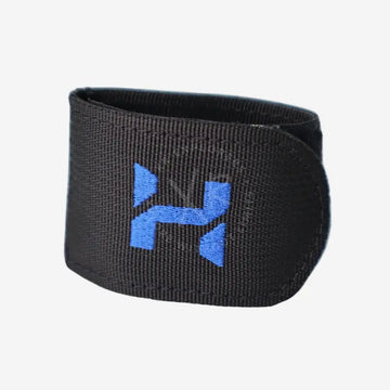 Black wristband with a blue logo on a white background