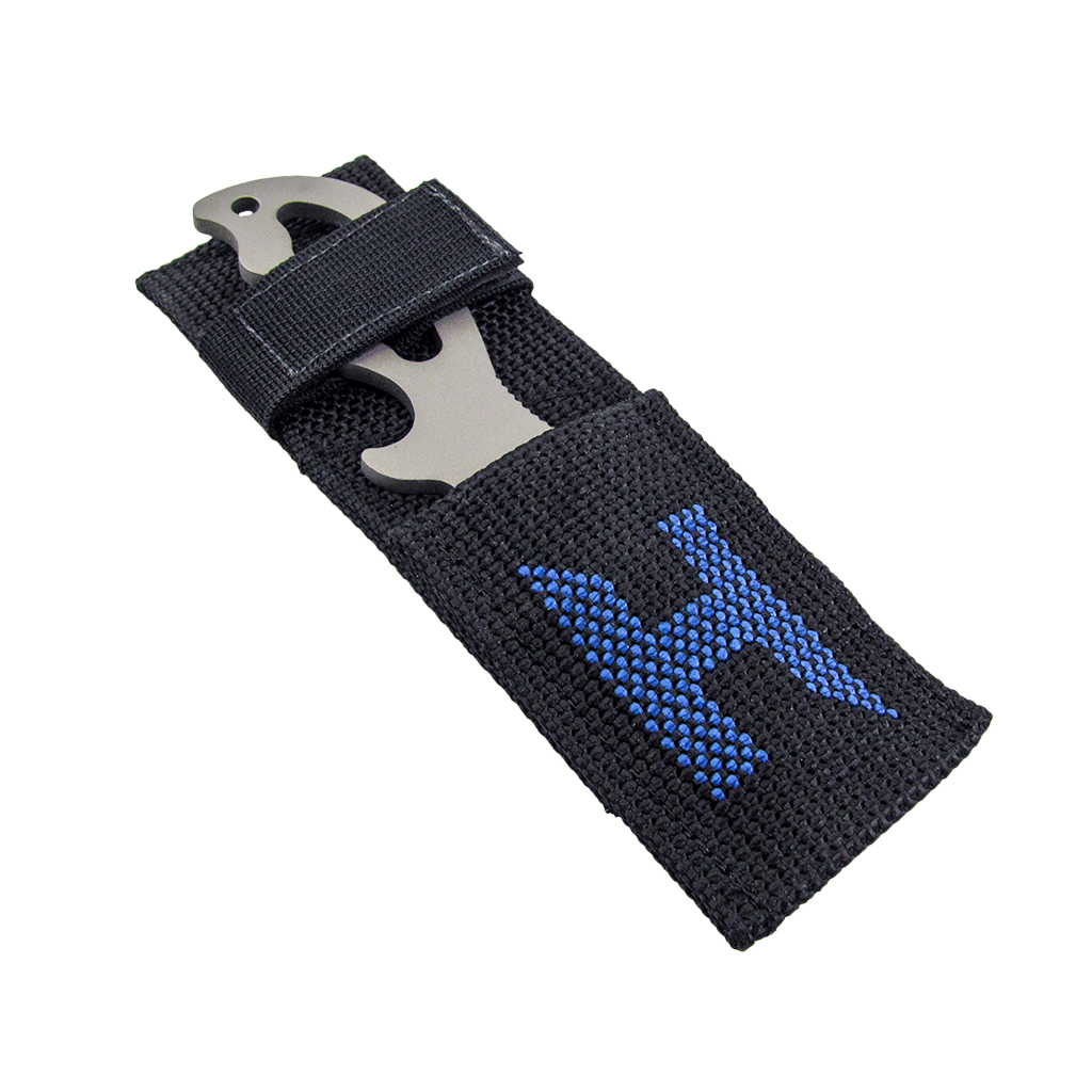 A titanium diving knife with a serrated and straight edge blade, featuring an ergonomic handle and a line cutter. The knife is accompanied by a sheath, and the blade is marked with a Halcyon logo.