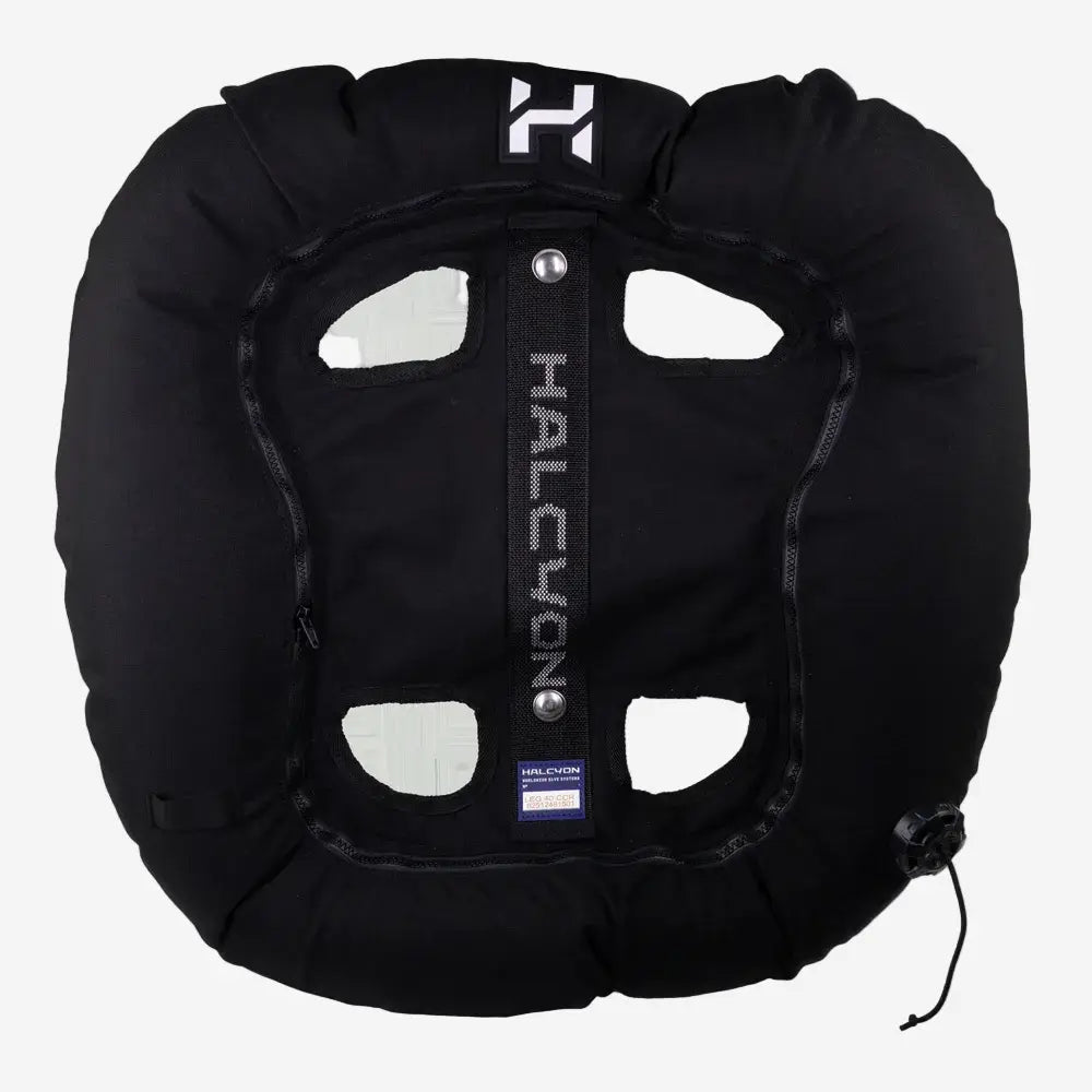 Black life jacket with Halcyon branding on a white background