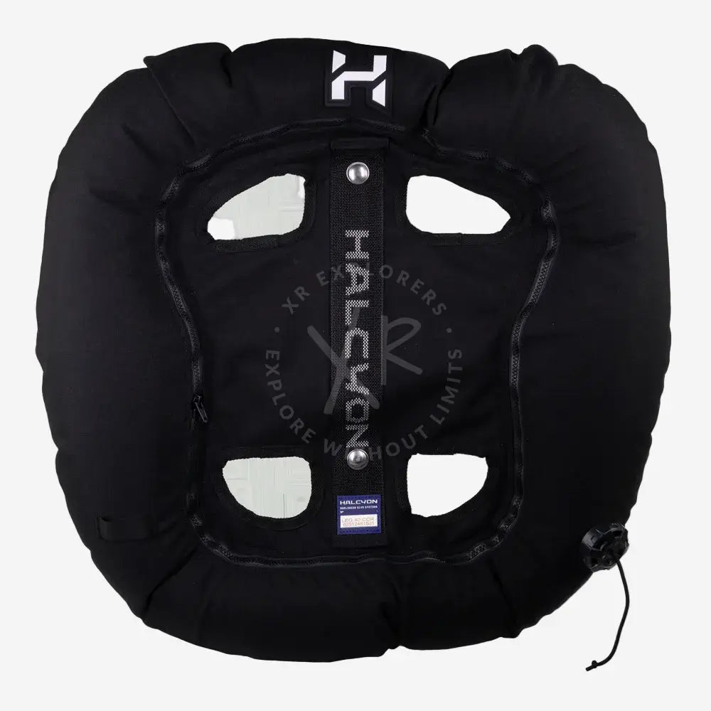 Black life jacket with Halcyon branding on a white background