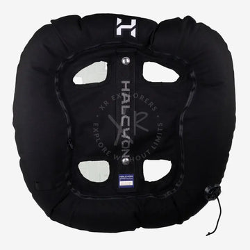 Black life jacket with Halcyon branding on a white background