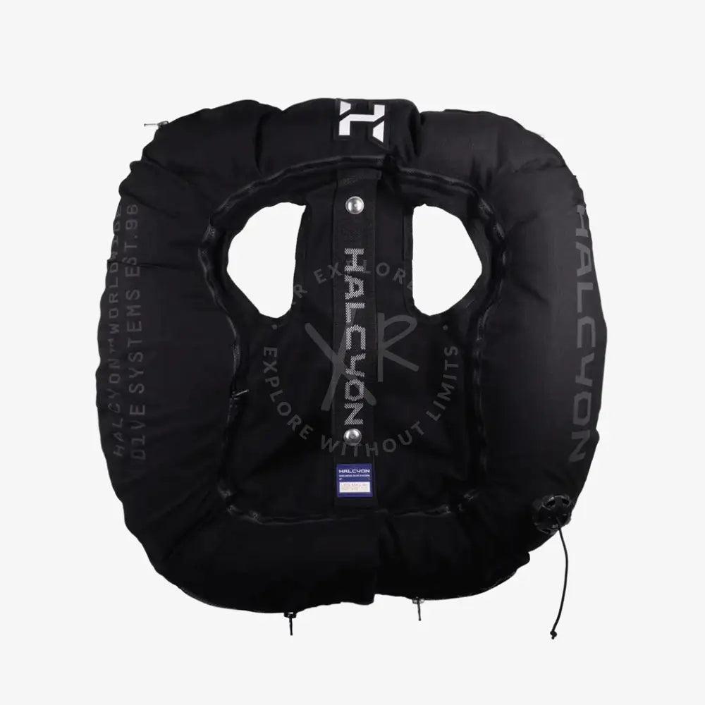 Black life jacket with 'HALCYON' branding on a white background
