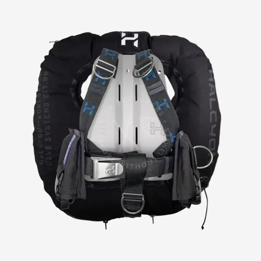 Black and gray halcyon legend mk2 deluxe double cylinder buoyancy compensator with blue logo accents front view