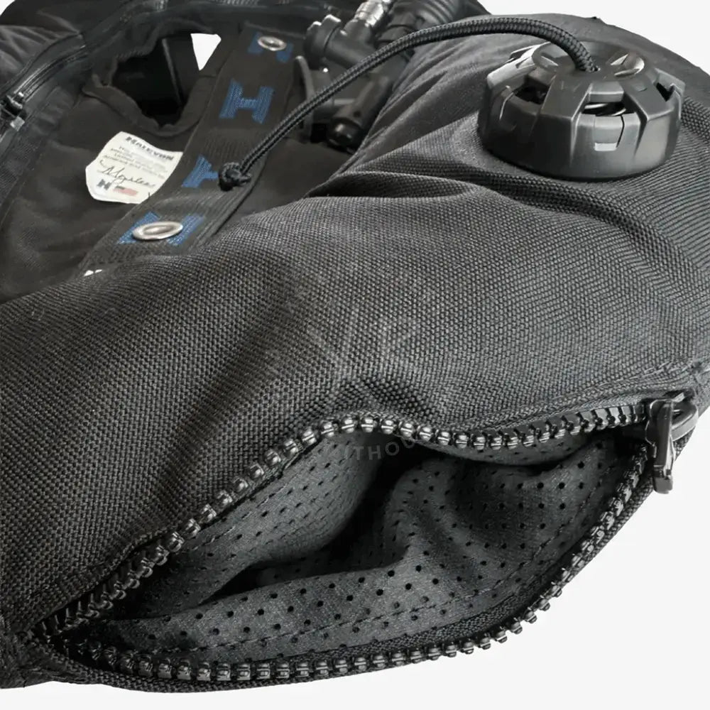 Halcyon Doubles Wing Legend MK2 black textured fabric diving vest with black inflation valve and blue logo accents