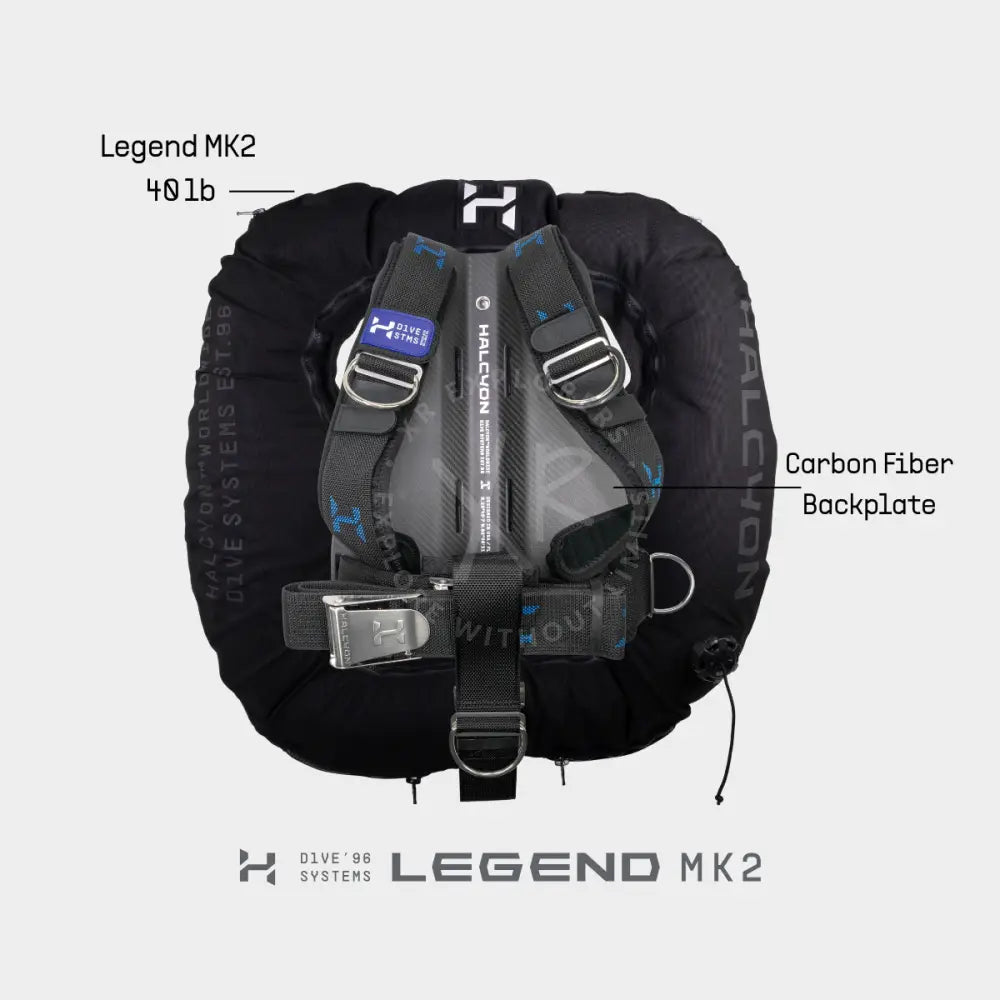 Halcyon Legend mk2 pro double cylinder bc system with carbon fiber backplate and blue accent stitching shown from back side