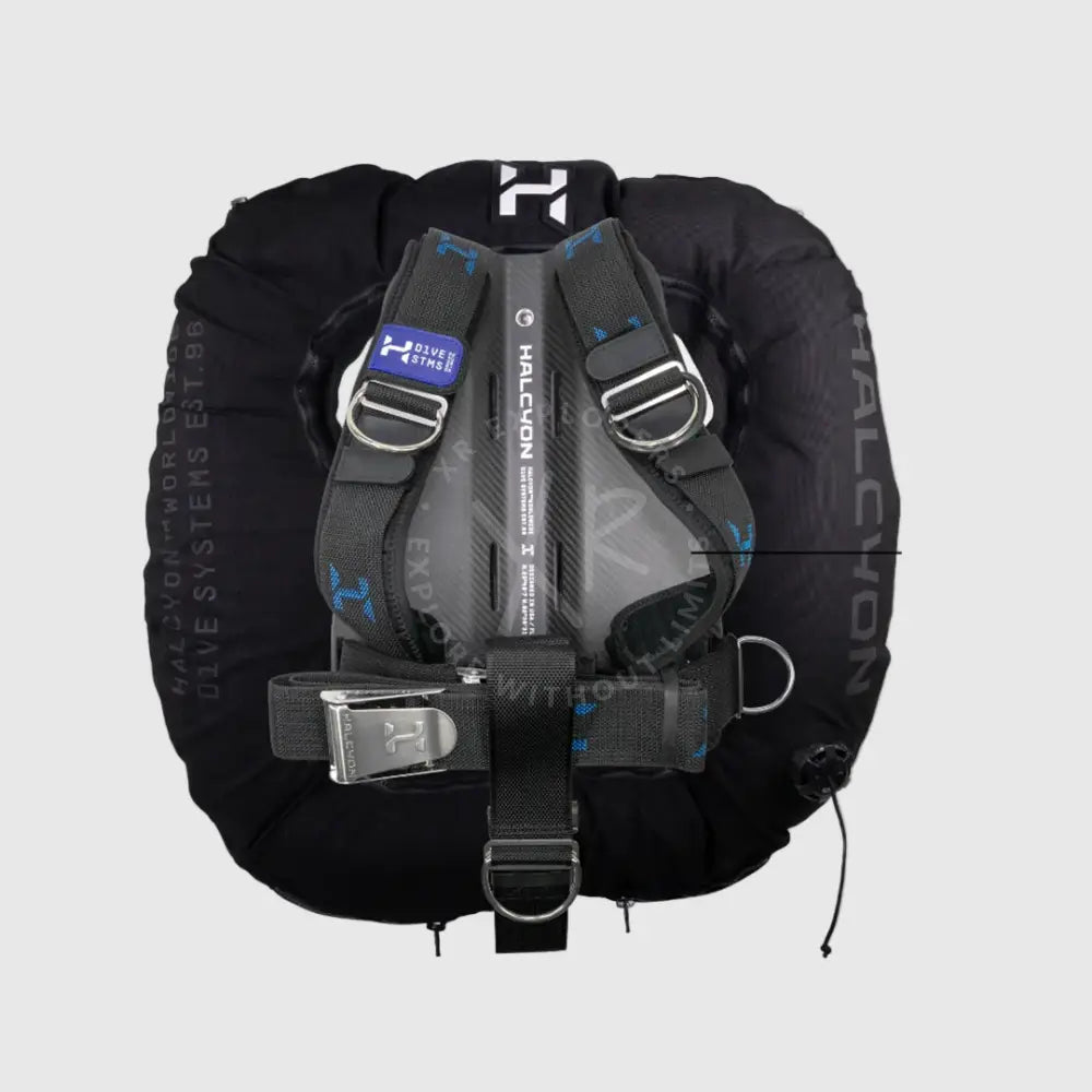 Halcyon legend mk2 pro double cylinder bc system in black and gray with blue stitching and silver metal buckles carbon fiber