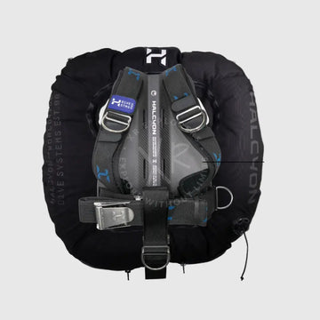 Halcyon legend mk2 pro double cylinder bc system in black and gray with blue stitching and silver metal buckles carbon fiber